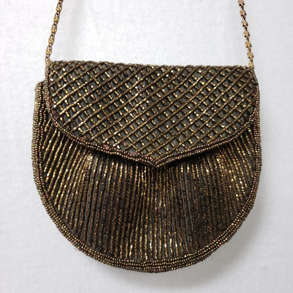 Source Unknown Handbags - Vintage Beaded Evening Purse Bag Clam Shell Chain Brass Brown Tone Glam Clutch